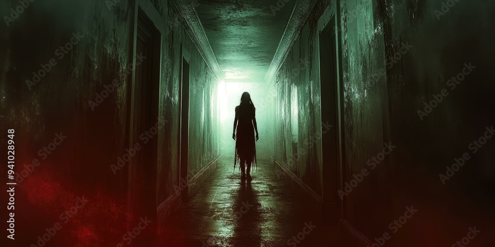 Silhouette of a woman walking down a dark hallway. Silhouette of a woman walking down a dark hallway.
