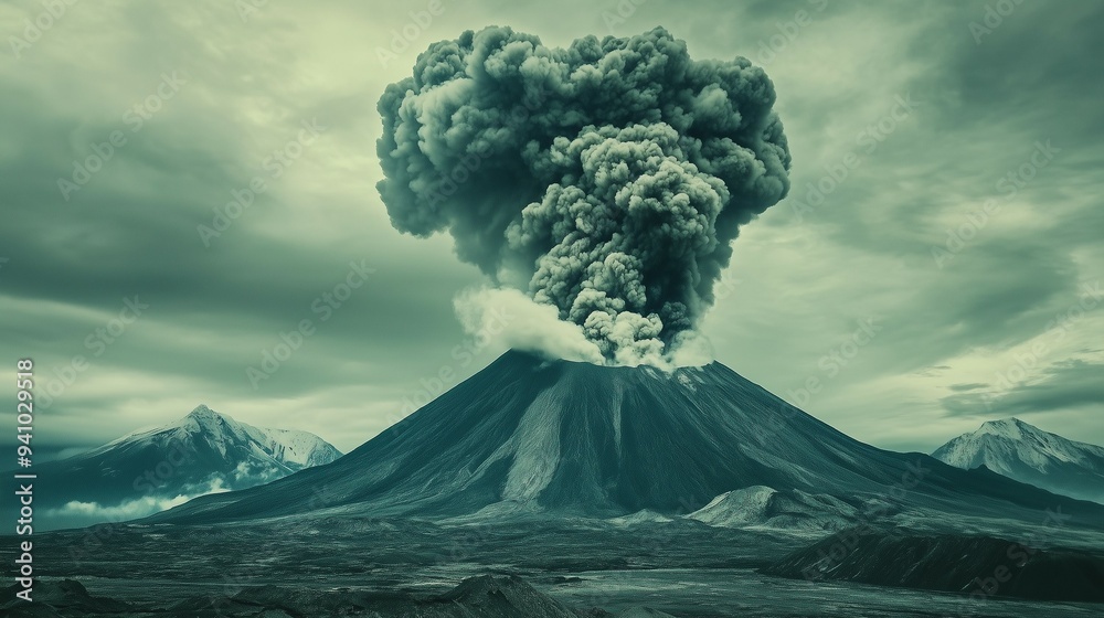 Obraz premium exploding Active volcano eruption with dense smoke and cloudy sky