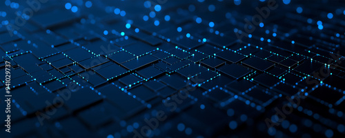 Abstract background of blue and black colors with a dark, glowing digital matrix pattern and computer chip texture. High-tech, futuristic abstract technology concept banner.