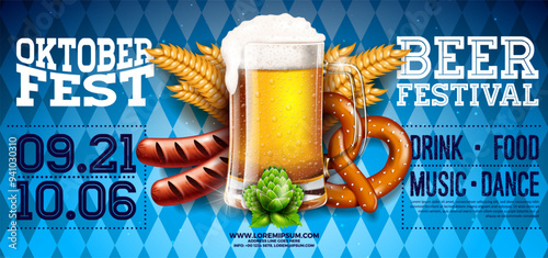 Oktoberfest Party Poster Illustration with Fresh Lager Beer, Pretzel, Sausage on Blue and White Bavaria Flag Pattern Background. Vector Celebration Flyer Template for Traditional German Beer Festival.