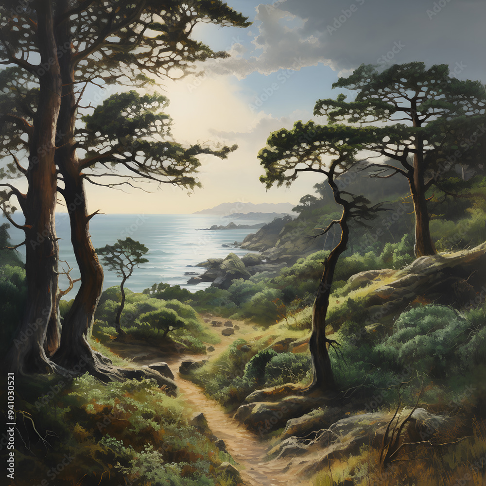 autumn forest in the sunset, oil painting style, blue sea, green tree, yellow sky autumn forest in the sunset, oil painting style, blue sea, green tree, yellow sky
