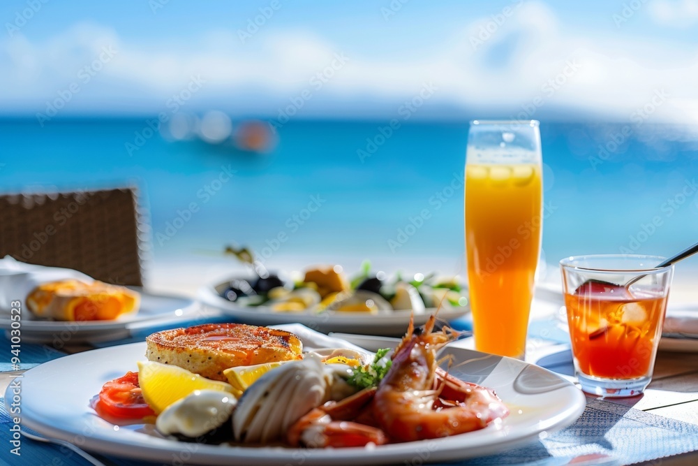 Delicious seafood platter with fresh fruits and drinks served by the beach on a sunny day Delicious seafood platter with fresh fruits and drinks served by the beach on a sunny day