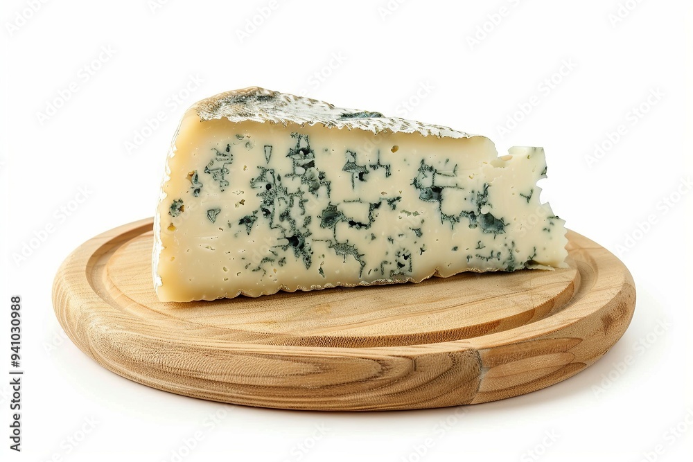 Delicious wedge of blue cheese displayed on a wooden cutting board isolated on white background Delicious wedge of blue cheese displayed on a wooden cutting board isolated on white background