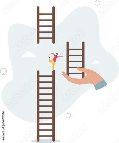 Helping hand, business support to reach career target or help to climb up ladder of success concept.flat design with people.