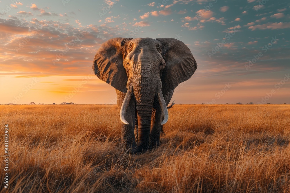 Fototapeta premium Majestic elephant standing in savanna at sunset, golden hour, serene landscape, beauty of nature, warm orange sky