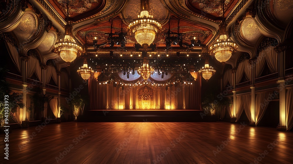 Obraz premium Lighting Event Hall with a Stage, Beautiful Ceiling, and Hanging Chandeliers