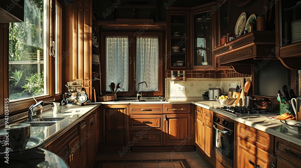 A warm wooden kitchen filled with natural light, showcasing cooking tools and utensils. A warm wooden kitchen filled with natural light, showcasing cooking tools and utensils.