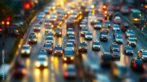 Heavy traffic flows down a busy city street in Bangkok during rush hour.  photo