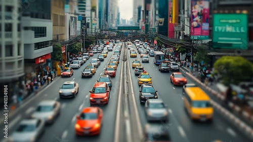 Heavy traffic flows down a busy city street in Bangkok during rush hour.  photo