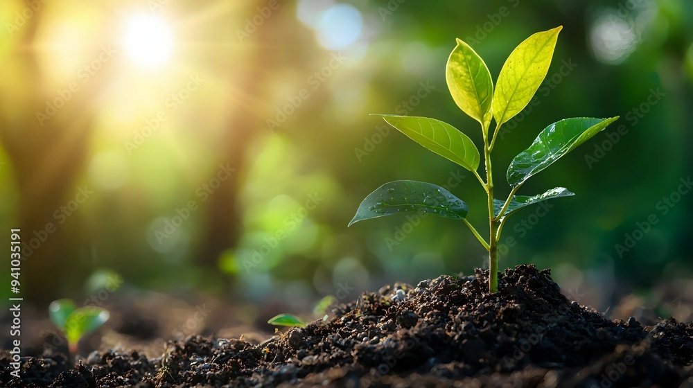 Green sprout Growing in sunlight with Bokeh Background