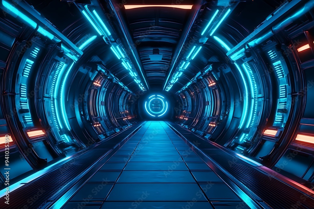 Fototapeta premium A dark tunnel environment illuminated by laser lights, featuring metal panels, and neon lighting in a 360-degree panoramic view