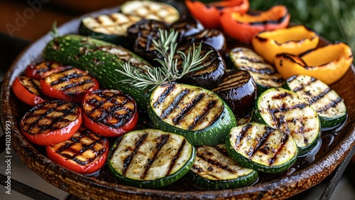 Juicy grilled vegetable platter with zucchini, bell peppers, and eggplant, drizzled with olive oil