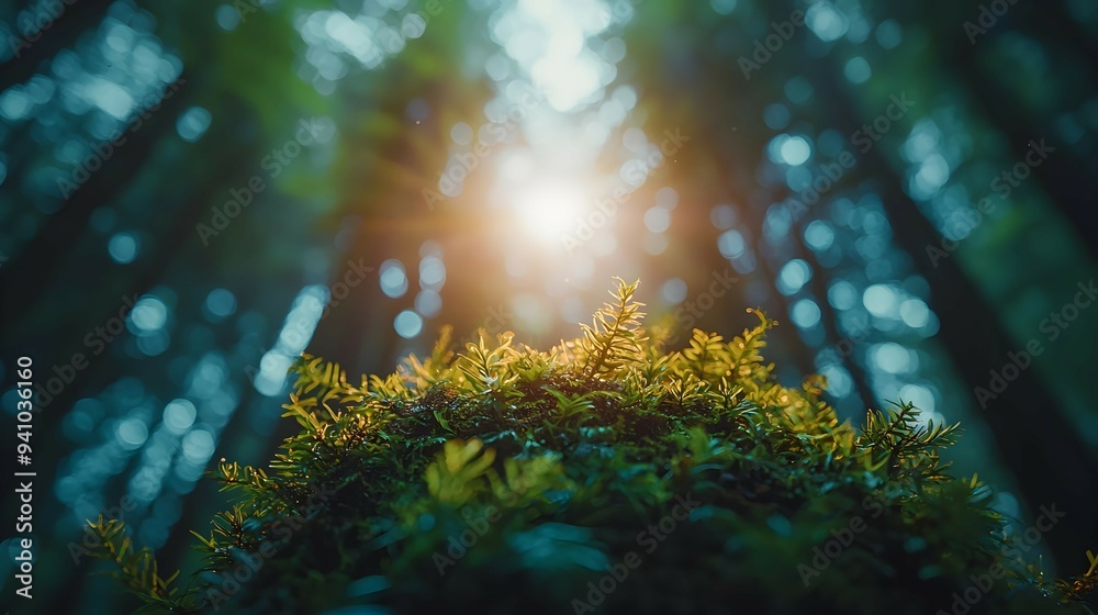 Obraz premium sunlight Through Forest Canopy Green Moss Close Up