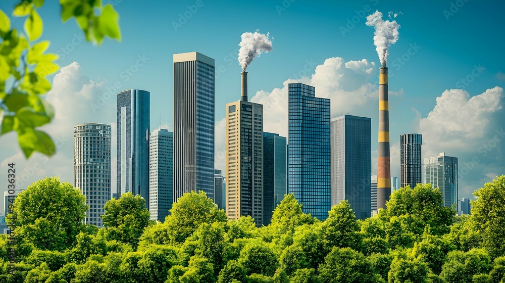 Fototapeta premium Green Cityscape with smoke stacks and skyscrapers