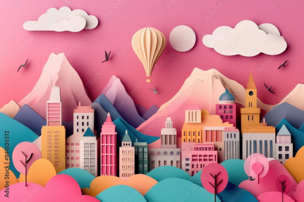 Bright and colorful cityscape featuring a hot air balloon in the sky, whimsical clouds, and mountains in the background, creating a surreal and joyful scene. Bright and colorful cityscape featuring a hot air balloon in the sky, whimsical clouds, and mountains in the background, creating a surreal and joyful scene.