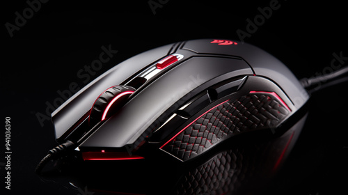 Close-up of a back-lit gaming mouse, highlighting its ergonomic design and customizable buttons .