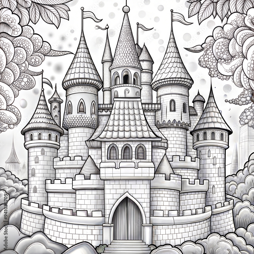 Fototapeta premium Children's Coloring Page: Majestic Medieval Castle with Towering Turrets and Clouds