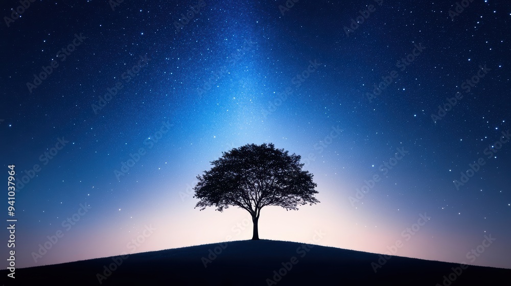 A lone, majestic tree silhouetted against a vast expanse of stars, creating a sense of wonder and solitude. A lone, majestic tree silhouetted against a vast expanse of stars, creating a sense of wonder and solitude.