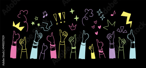 Raising hands with thumb up doodle background. Birthday celebration, music festival, corporate event poster. Crayon scribbles. Childish kid drawing