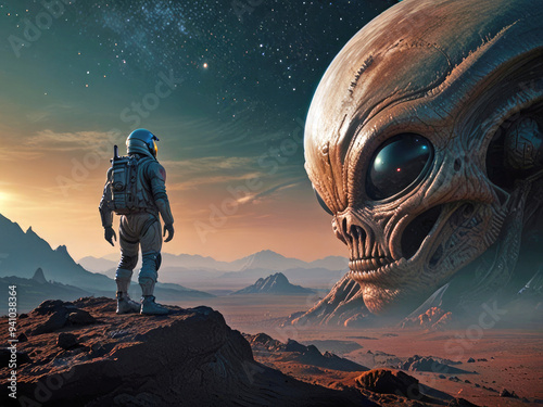 An astronaut stands and looks at a giant alien skull on a mountainous planet in outer space