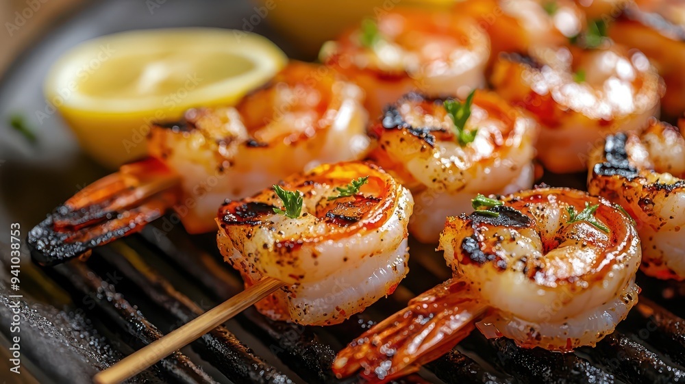 Juicy grilled shrimp skewers with a squeeze of lemon, glistening with marinade, outdoor grill setting Juicy grilled shrimp skewers with a squeeze of lemon, glistening with marinade, outdoor grill setting