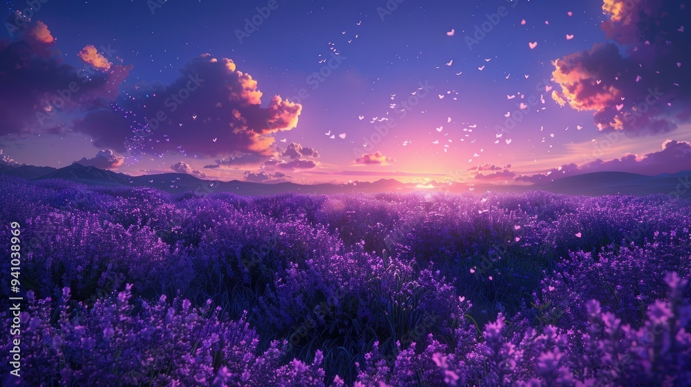 Lavender Field at Sunset with Heart-Shaped Particles Lavender Field at Sunset with Heart-Shaped Particles