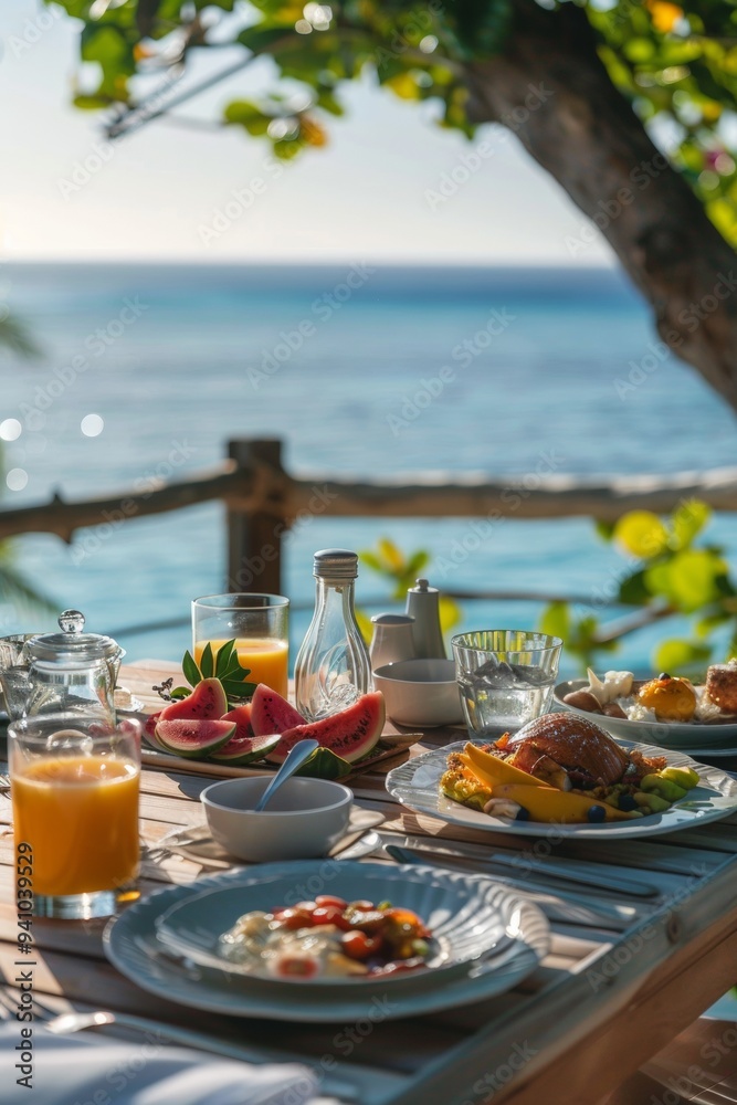 Relaxing breakfast set on a wooden table overlooking the ocean under bright sunlight, with fresh fruits and drinks during a tropical morning