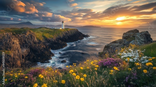 Obraz na płótnie Eilean Glas lighthouse offers stunning views over cliffs, the ocean, wildflowers, and seagulls. w salonie