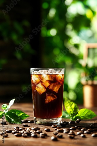 A refreshing glass of iced coffee sits on a wooden table, surrounded by coffee beans and vibrant green leaves, perfect for a warm day.