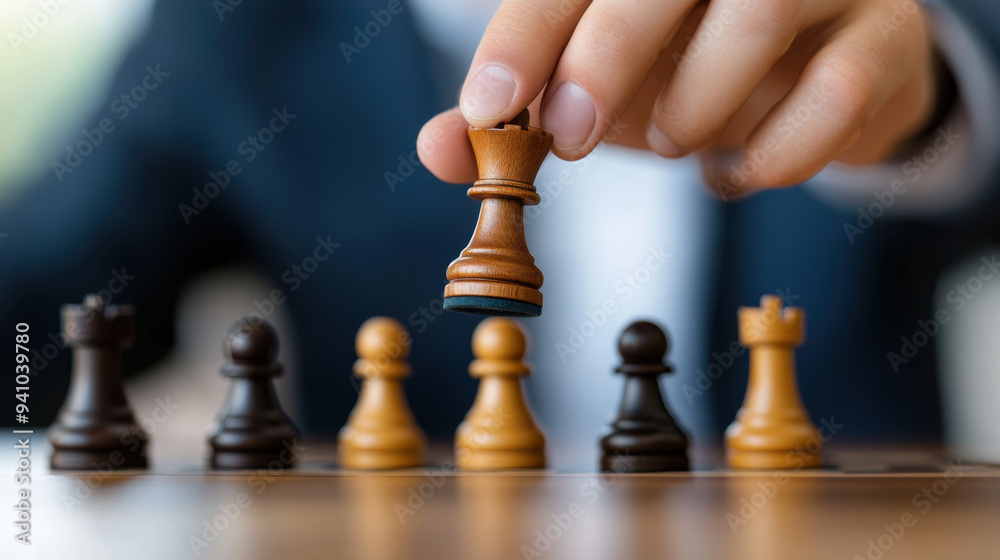 Close-up of a hand strategically moving a chess piece during a game, symbolizing decision-making and strategy.