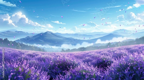 Lavender Field with Mountains and Falling Petals in a Blue Sky