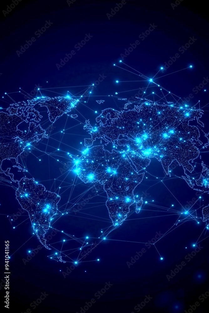 Fototapeta premium Abstract world map with glowing connections, representing networking, technology, and digital communication on a dark background.