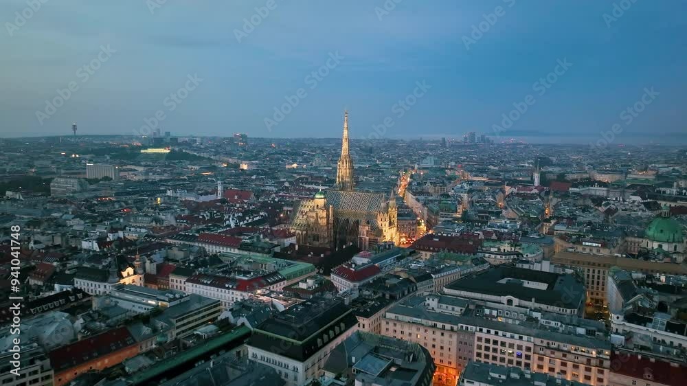Aerial view of famous places St. Stephen's Cathedral Stephansdom at night. Mother church of the Roman Catholic Archdiocese of Vienna. Austria Aerial view of famous places St. Stephen's Cathedral Stephansdom at night. Mother church of the Roman Catholic Archdiocese of Vienna. Austria