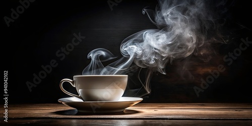 A visually striking image of a coffee cup with steam rising, set against a black background