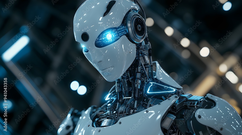 Futuristic White Robot with Glowing Blue Eyes Futuristic White Robot with Glowing Blue Eyes