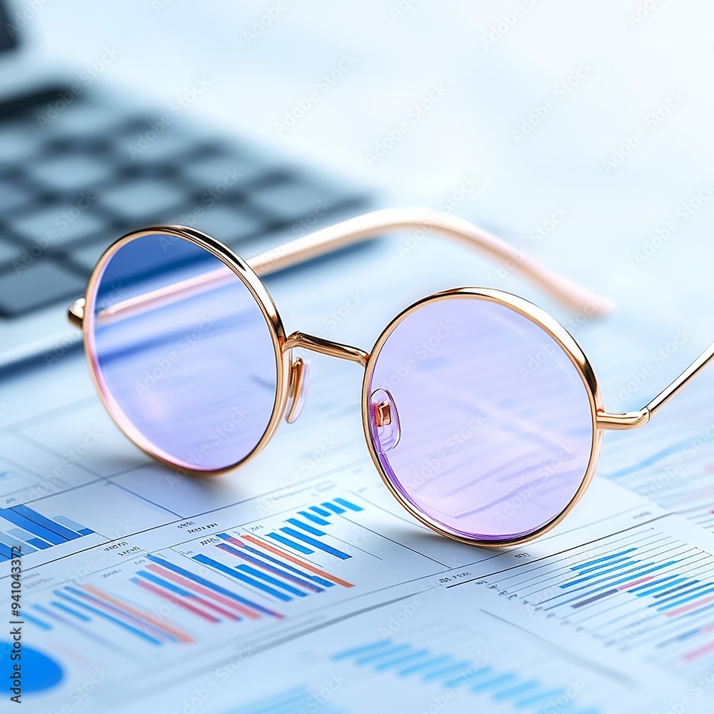 Stylish round sunglasses with a golden frame and purple lenses resting on a financial report with a calculator in the background. Stylish round sunglasses with a golden frame and purple lenses resting on a financial report with a calculator in the background.
