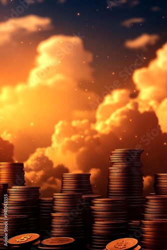 Stacks of coins glimmer against a dramatic sunset sky, symbolizing wealth, prosperity, and financial growth. photo