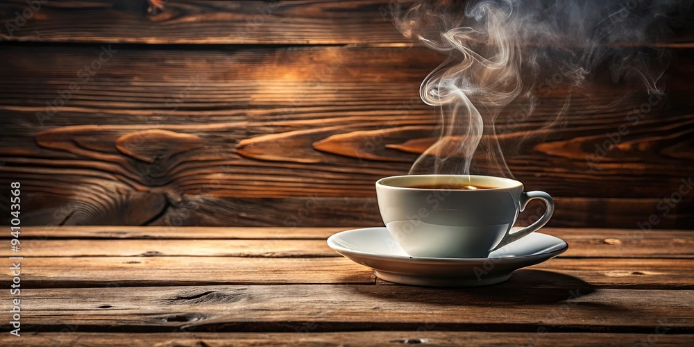 Steaming coffee cup on a rustic wooden table