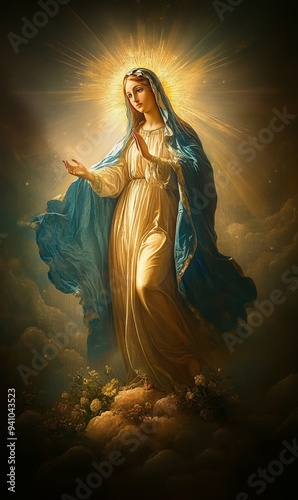 An image imbued with the sacred aura of Catholicism depicts the Holy Mary, her figure radiating divine grace. 