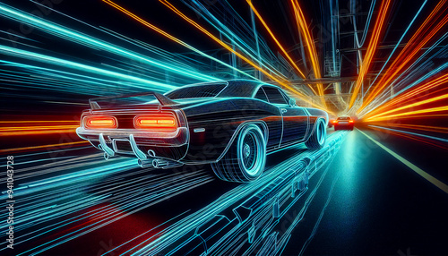 muscle car racetrack contour motion blur neon lines drawing speed acceleration competition high full throttle