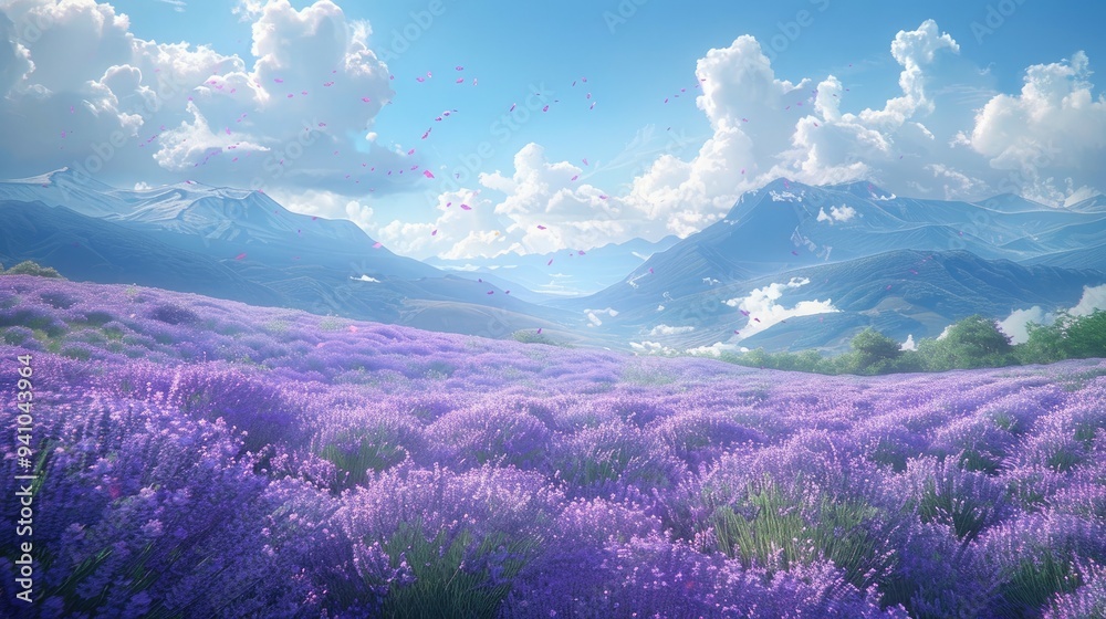 Lavender Field Surrounded by Mountains with Falling Petals Lavender Field Surrounded by Mountains with Falling Petals