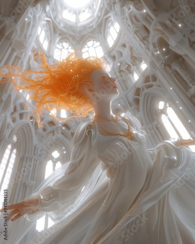 A luminous albino woman, her hair the color of the sun, her eyes a captivating orange, hovers within the ethereal sanctuary of a white church.