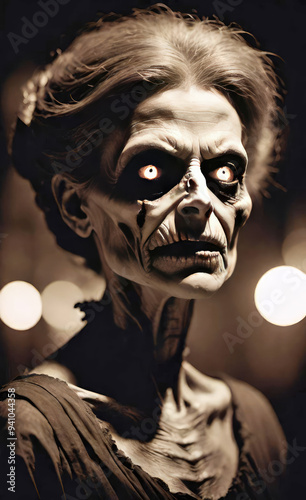 Sepia effect portrait of a skinny zombie woman