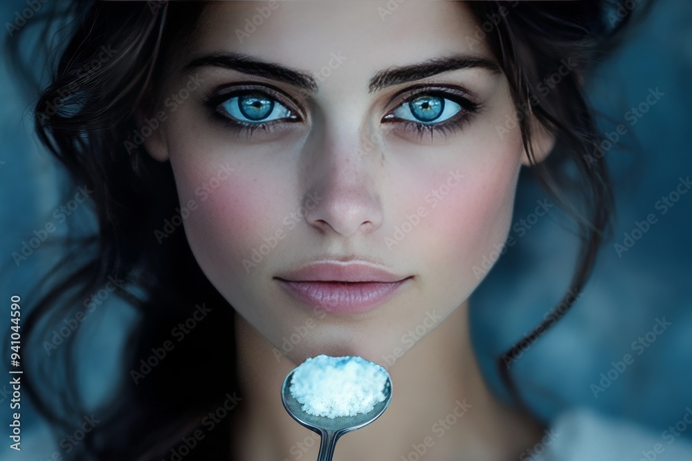 Naklejka premium Portrait of a woman with striking blue eyes holding a white flower symbolizing purity natural beauty and the delicate balance of nature and self care