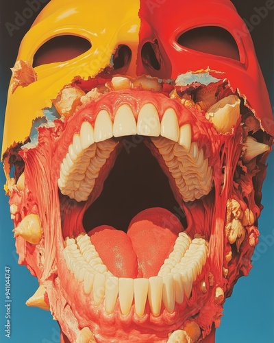 A grotesque mask, its gaping maw an exaggerated caricature of human anatomy, dominates the composition.