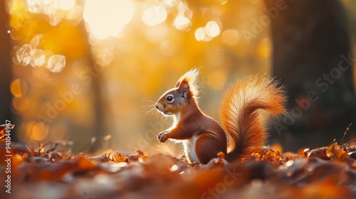 Eurasian red squirrel in autumn forest bathed in warm light. Vivid wildlife scenery. Small animal feeding. photo