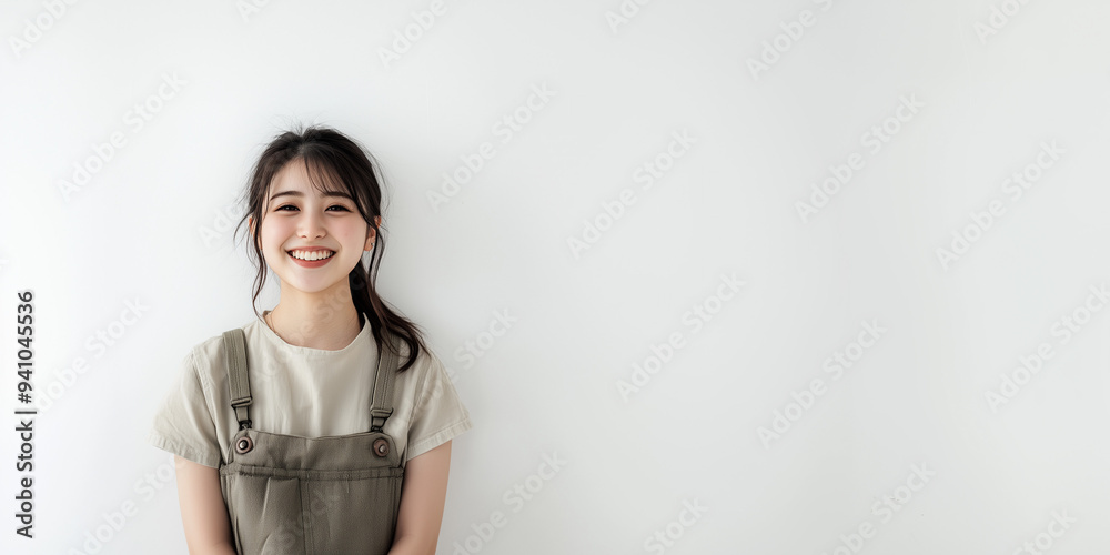 オーバーオールを着た笑顔のアジア人女性のスタジオ撮影 オーバーオールを着た笑顔のアジア人女性のスタジオ撮影