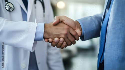 A close-up of two hands shaking, one in business attire and the other with a medical coat, symbolizing trust between a businessman and doctor during an important meeting