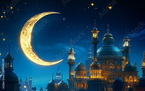 Background of blue night and a crescent moon.