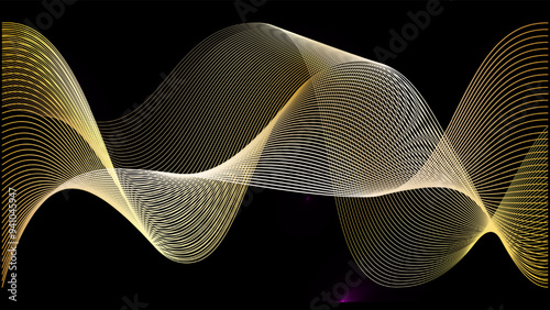 Gold waves with glitter vector pattern. Music elegant effect curves and stripes. Shiny silk texture on dark backdrop. 3d swoosh vip graphic element. Yellow luxury award decoration.